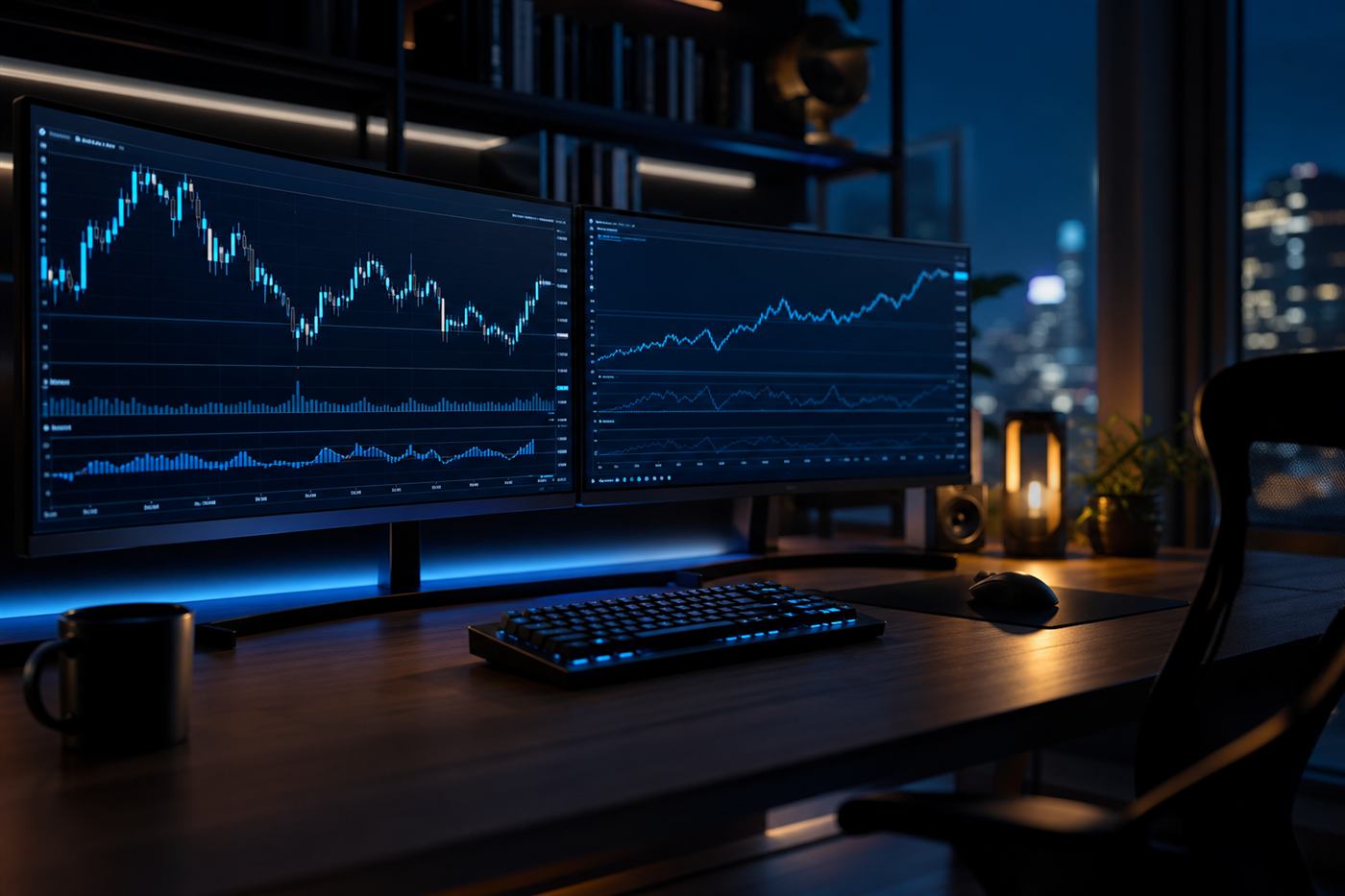Trading desk with dual monitors showing charts
