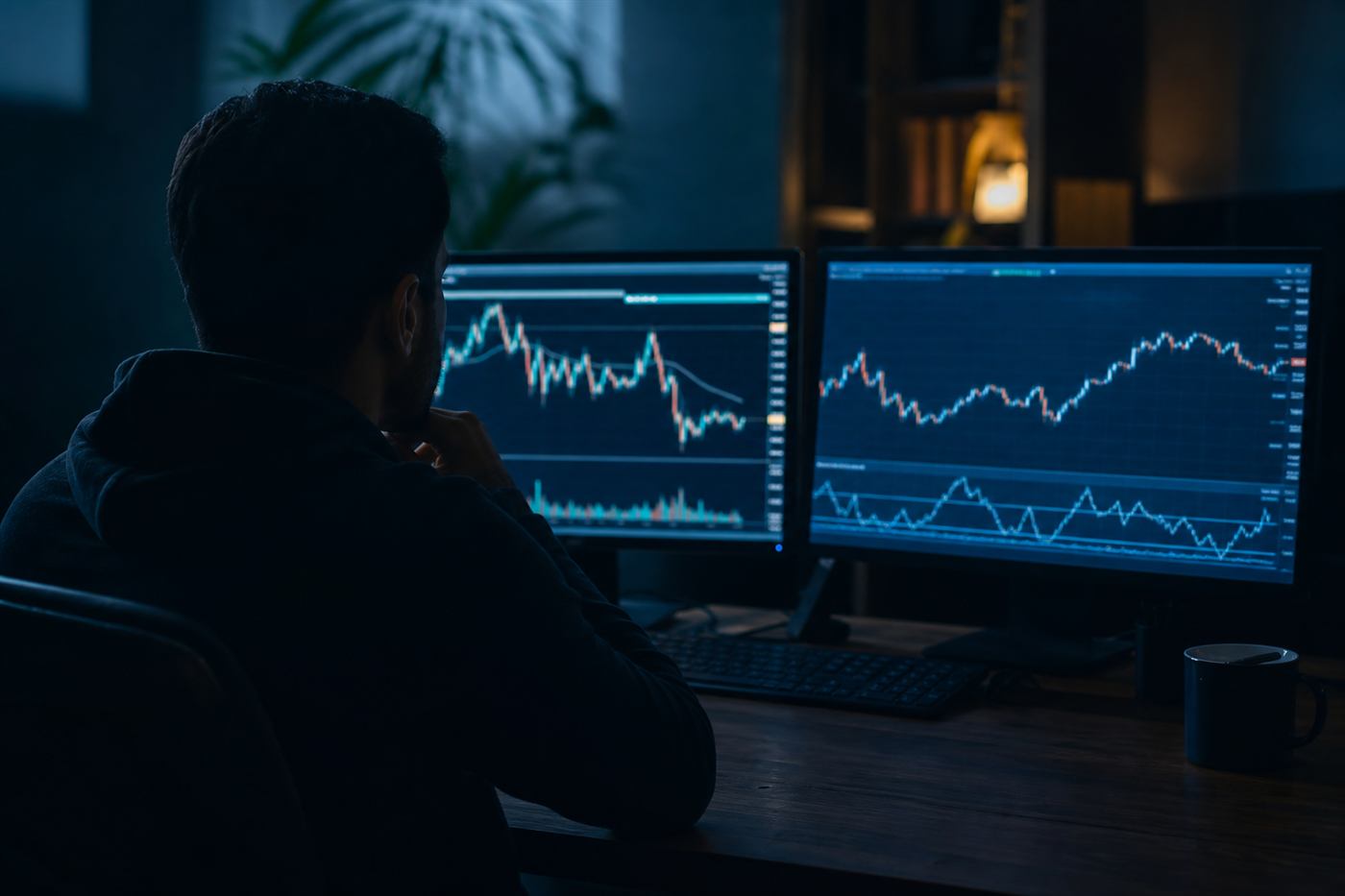 Trader watching dual monitors in a dim room