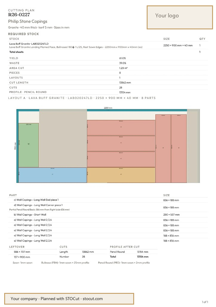 Example STOCut branded cutting plan: job ref and customer at top, your logo top-right, company name in the print footer